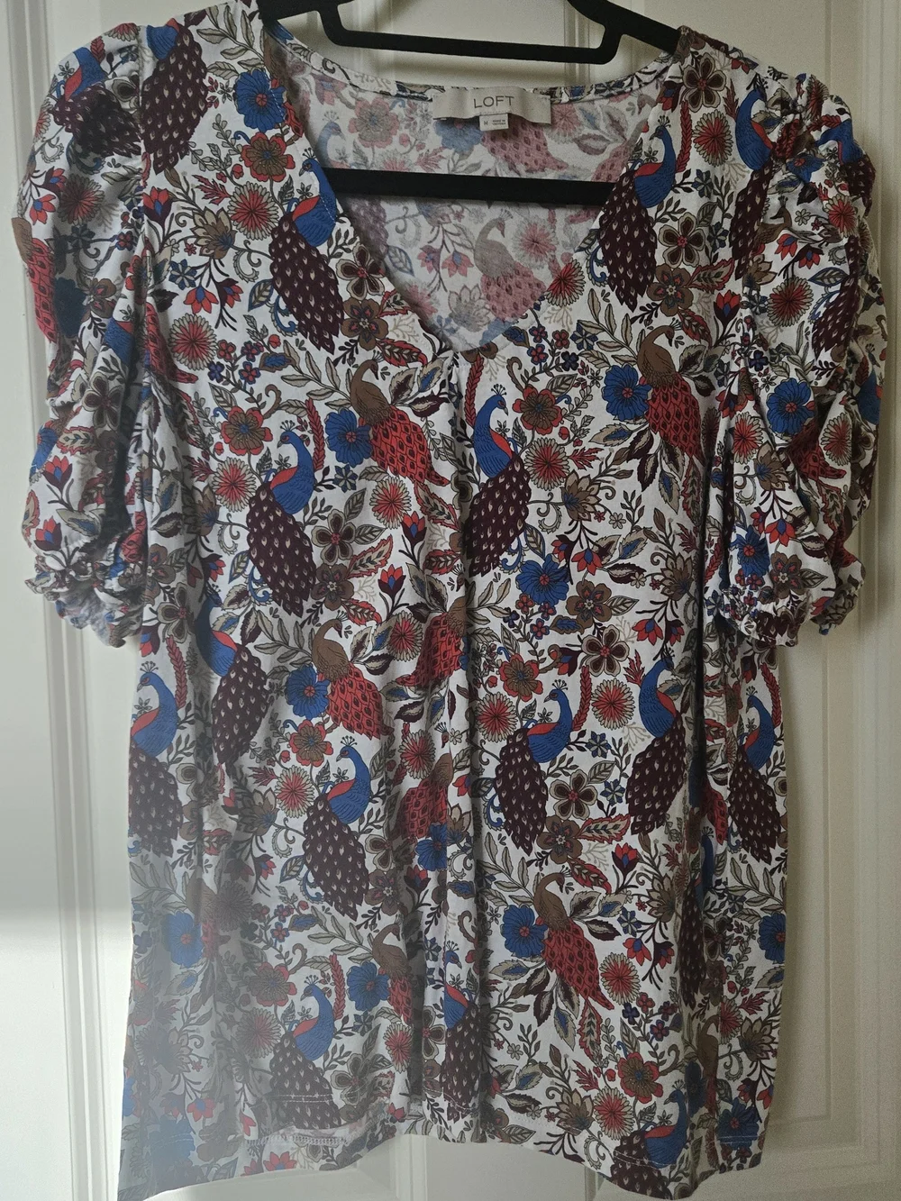 LOFT White Floral & Bird Puff-Sleeve Blouse with Blue and Red Accents